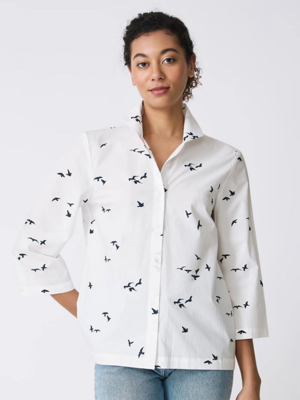 KAL RIEMAN - 3/4 Sleeve Ginna White Navy Birds Print - Medium